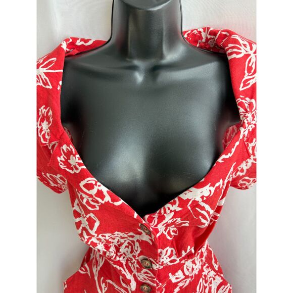 Free People Linen Red Floral Dress Size 6 Button Front Cottagecore Prairie Cute - Picture 2 of 11